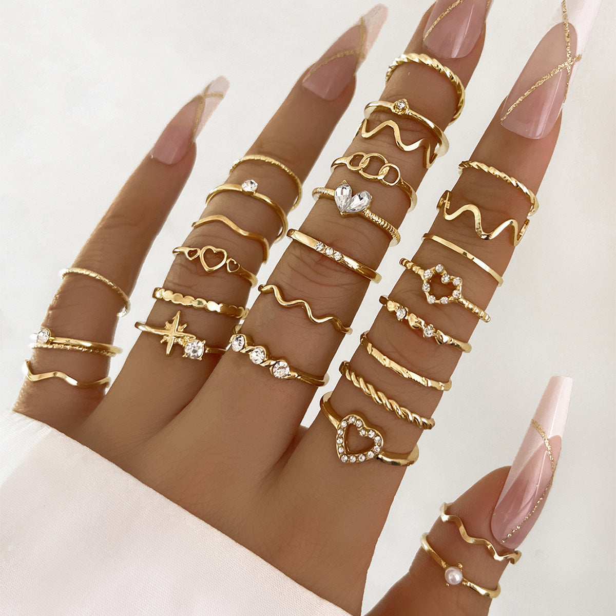 Hot-selling Cross-border Simple Diamond-set Love Wave Ring 28-piece Set Gold Geometric Joint Ring
