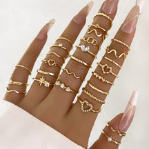 Hot-selling Cross-border Simple Diamond-set Love Wave Ring 28-piece Set Gold Geometric Joint Ring
