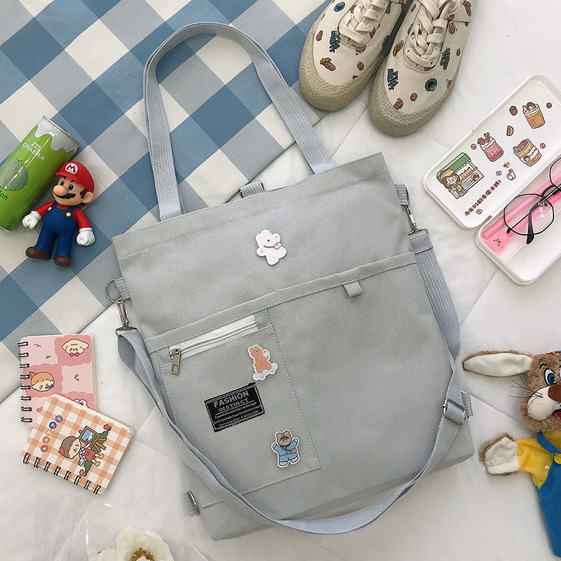 Ins Canvas Bag Female Student Korean Version Messenger Bag Large Capacity Fashion Versatile Single Shoulder Portable Tutoring Bag Double Shoulder Back