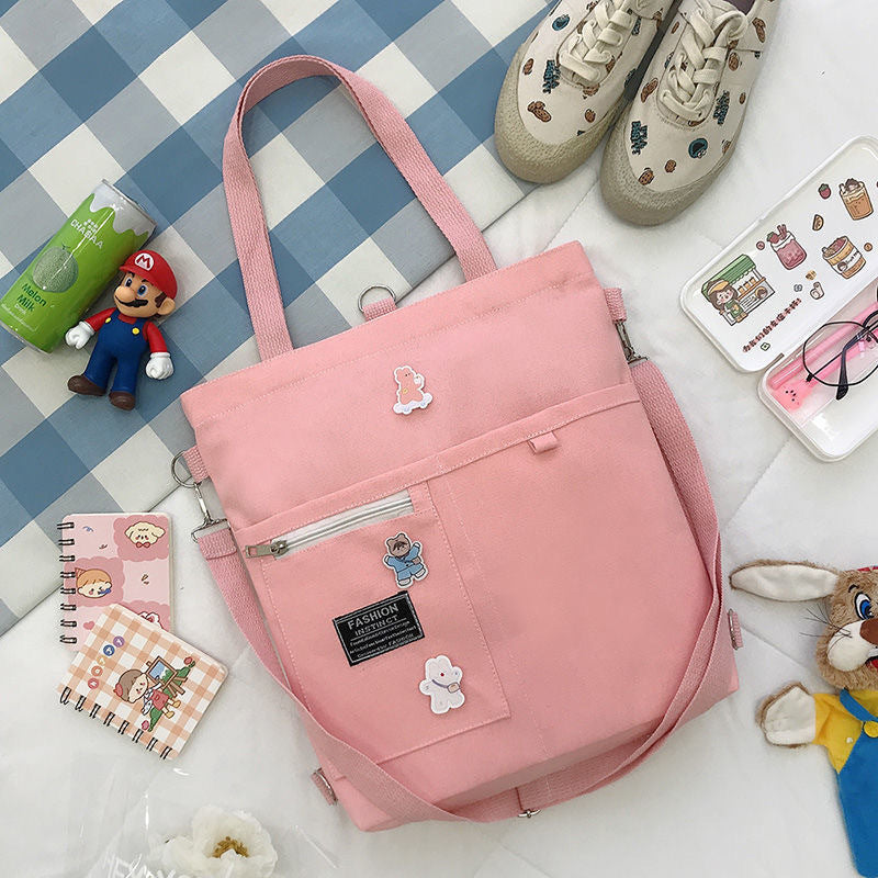 Ins Canvas Bag Female Student Korean Version Messenger Bag Large Capacity Fashion Versatile Single Shoulder Portable Tutoring Bag Double Shoulder Back