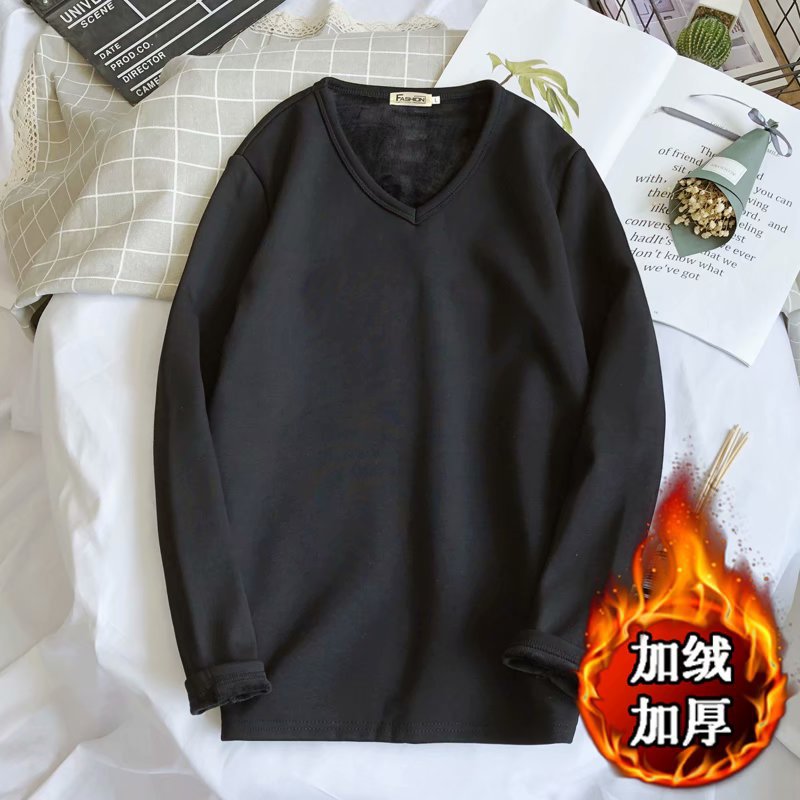 Men's Fleece Thickened Long-sleeved T-shirt Crew Neck Autumn Slim-fit Bottoming Shirt Winter Solid Color Warm T-shirt on Clothes