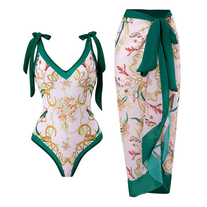2025 European and American Foreign Trade One-piece Bikini Three-piece Suit Conservative Beach Skirt Chiffon Wrap Skirt Hot Spring Swimsuit Women