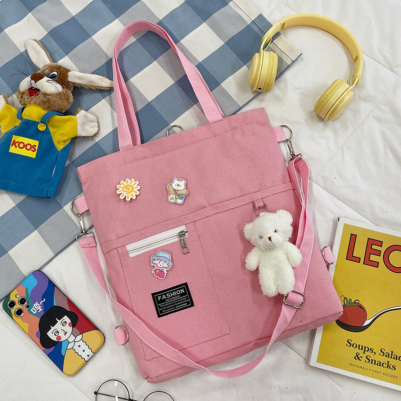 Ins Canvas Bag Female Student Korean Version Messenger Bag Large Capacity Fashion Versatile Single Shoulder Portable Tutoring Bag Double Shoulder Back