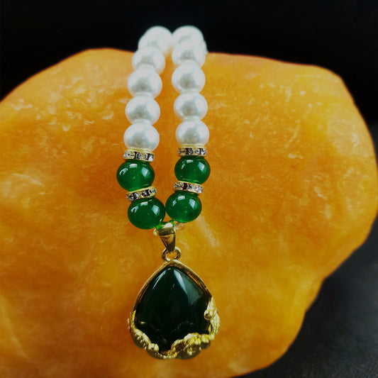 New Chinese Summer Welfare Imitation Pearl Necklace Green Agate Pearl Clavicle Chain Send Mom Set Foreign Trade