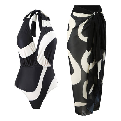 2025 European and American Foreign Trade One-piece Bikini Three-piece Suit Conservative Beach Skirt Chiffon Wrap Skirt Hot Spring Swimsuit Women