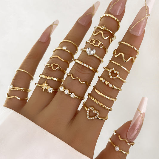 Hot-selling Cross-border Simple Diamond-set Love Wave Ring 28-piece Set Gold Geometric Joint Ring
