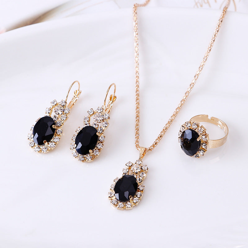 XP17 European and American Ins Water Drop Jewelry Set, Personalized Fashion Color Rhinestone Necklace, Earrings, Ring Set New
