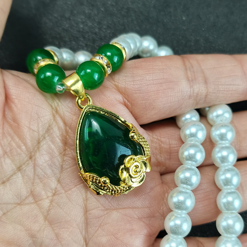 New Chinese Summer Welfare Imitation Pearl Necklace Green Agate Pearl Clavicle Chain Send Mom Set Foreign Trade