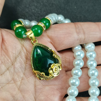 New Chinese Summer Welfare Imitation Pearl Necklace Green Agate Pearl Clavicle Chain Send Mom Set Foreign Trade