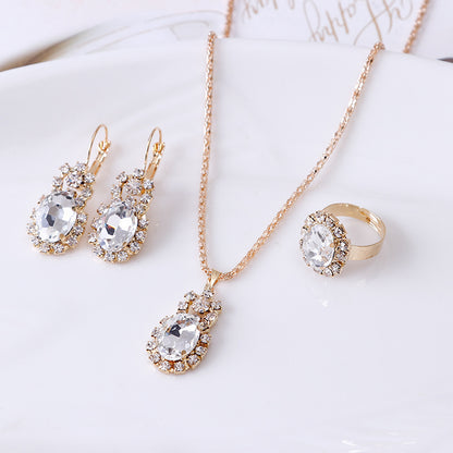 XP17 European and American Ins Water Drop Jewelry Set, Personalized Fashion Color Rhinestone Necklace, Earrings, Ring Set New