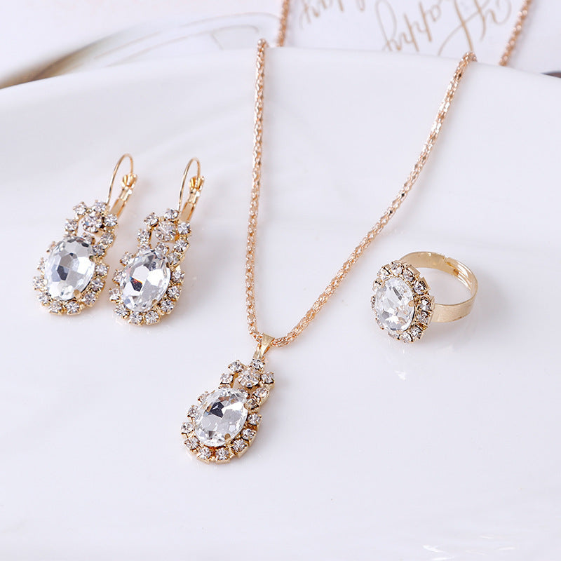 XP17 European and American Ins Water Drop Jewelry Set, Personalized Fashion Color Rhinestone Necklace, Earrings, Ring Set New
