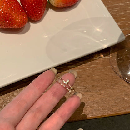 Korean Light Luxury High-end Zircon Pearl Ring Women's Retro Niche Design Bow Ring Ring Open Jewelry