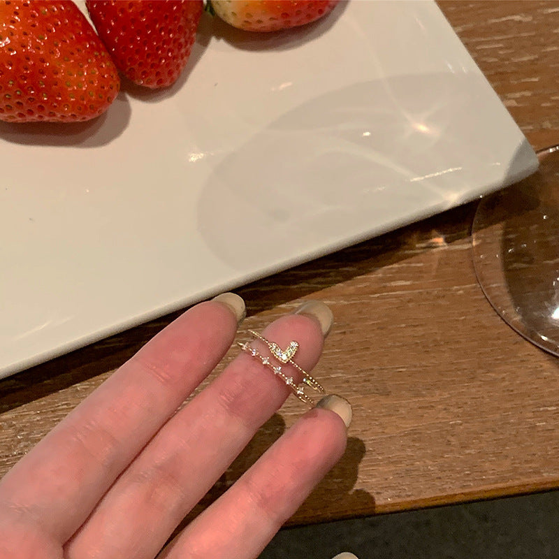 Korean Light Luxury High-end Zircon Pearl Ring Women's Retro Niche Design Bow Ring Ring Open Jewelry