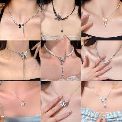 Korean New Pearl Butterfly Necklace Women's High-end Light Luxury Niche Versatile Sweater Chain Autumn and Winter Popular Accessories