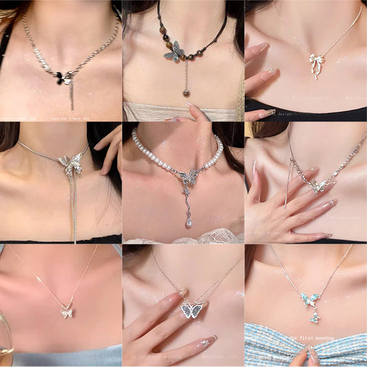 Korean New Pearl Butterfly Necklace Women's High-end Light Luxury Niche Versatile Sweater Chain Autumn and Winter Popular Accessories