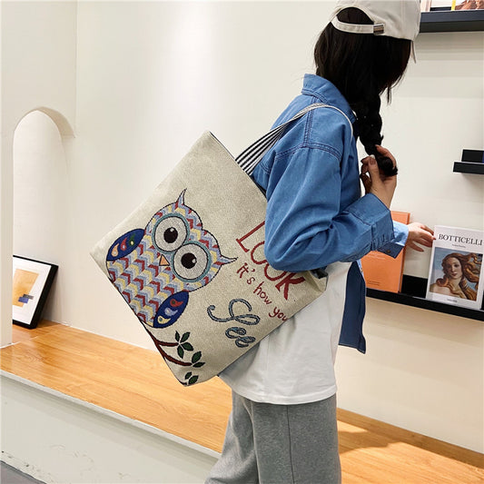 Foreign Trade Ethnic Style Retro Portable Canvas Bag Large Embroidery Shopping Fashion Shoulder Women's Bag New Matai Tote Bag