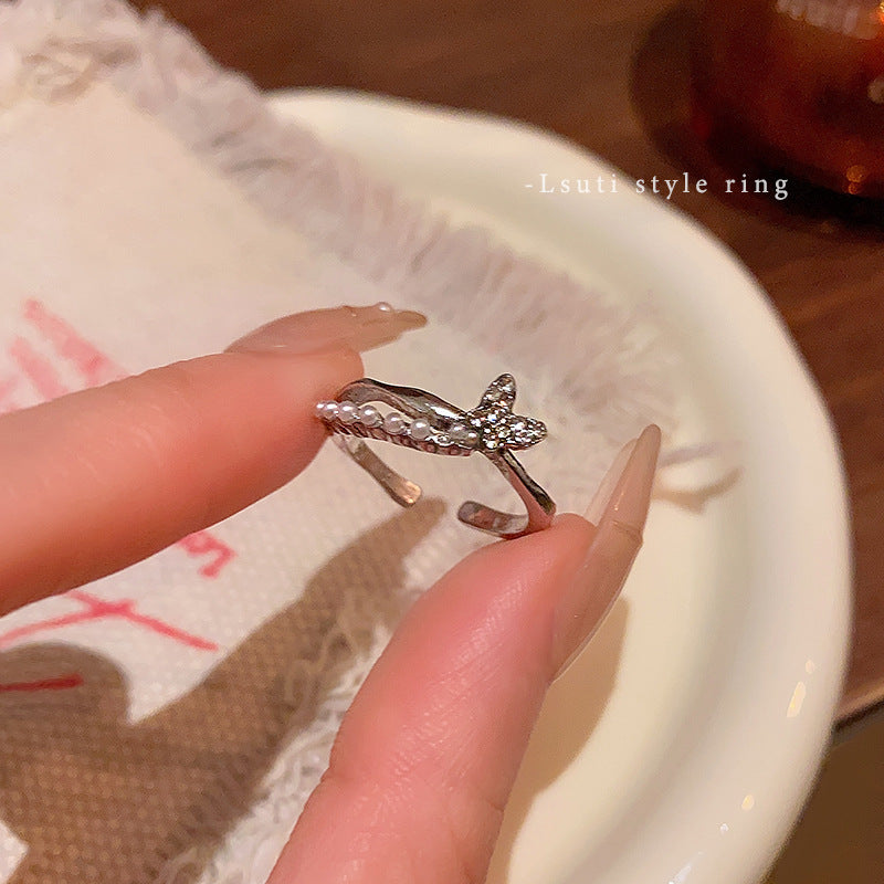 Korean Light Luxury High-end Zircon Pearl Ring Women's Retro Niche Design Bow Ring Ring Open Jewelry