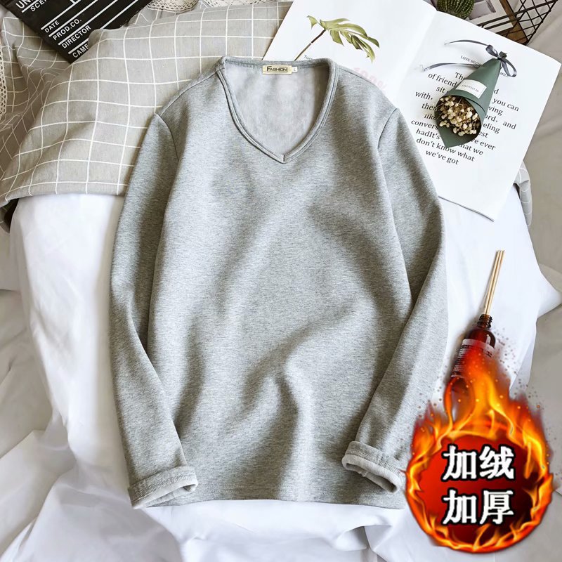 Men's Fleece Thickened Long-sleeved T-shirt Crew Neck Autumn Slim-fit Bottoming Shirt Winter Solid Color Warm T-shirt on Clothes