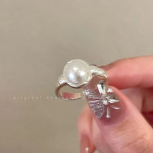 Korean Light Luxury High-end Zircon Pearl Ring Women's Retro Niche Design Bow Ring Ring Open Jewelry