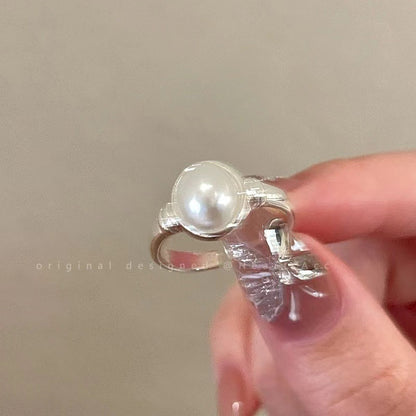 Korean Light Luxury High-end Zircon Pearl Ring Women's Retro Niche Design Bow Ring Ring Open Jewelry