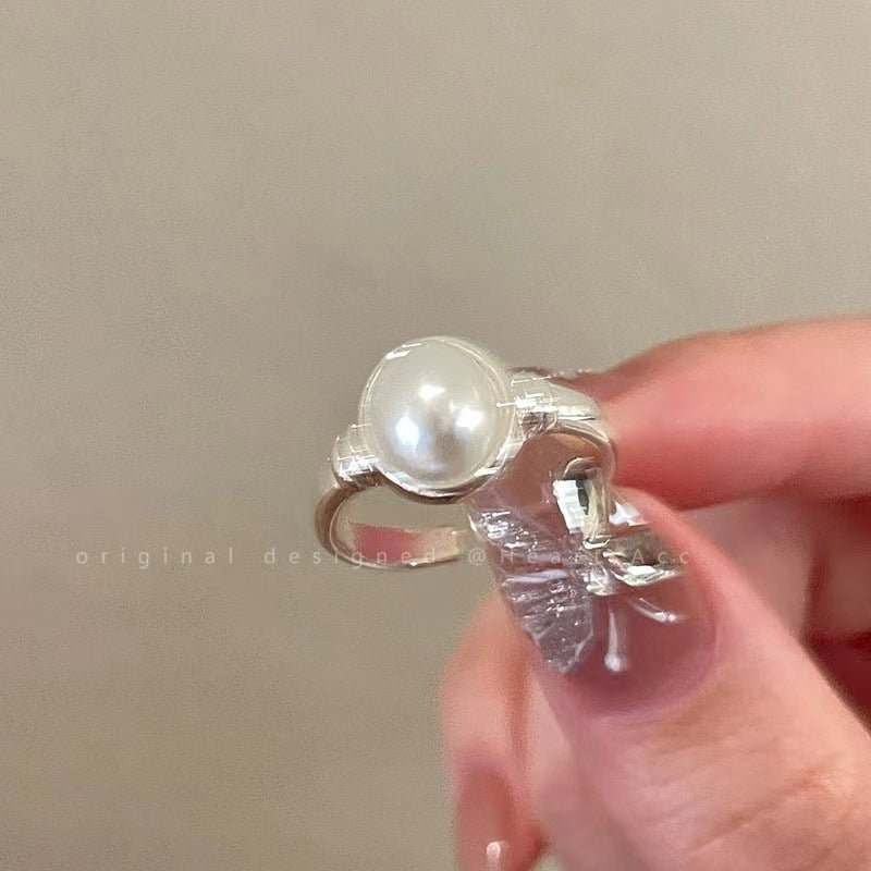 Korean Light Luxury High-end Zircon Pearl Ring Women's Retro Niche Design Bow Ring Ring Open Jewelry