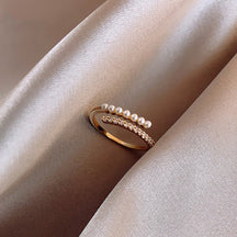 Korean Light Luxury High-end Zircon Pearl Ring Women's Retro Niche Design Bow Ring Ring Open Jewelry