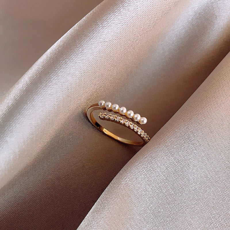 Korean Light Luxury High-end Zircon Pearl Ring Women's Retro Niche Design Bow Ring Ring Open Jewelry