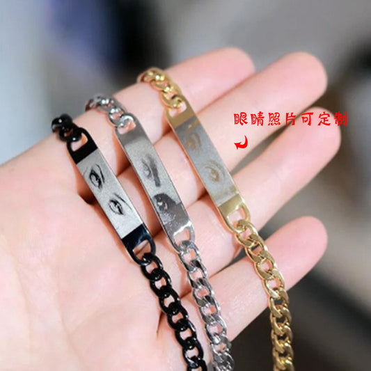 Popular Stainless Steel Men's NK Bracelet, Simple Glossy Curved Brand Lettering Engraved Eye Photo Bracelet Jewelry