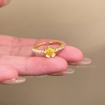 Korean Light Luxury High-end Zircon Pearl Ring Women's Retro Niche Design Bow Ring Ring Open Jewelry