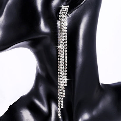 XP17 Cross-border Hot-selling Long Rhinestone Fringed Earrings Women's Blingbling Super Flash Stud Earrings and Ear Jewelry Wholesale