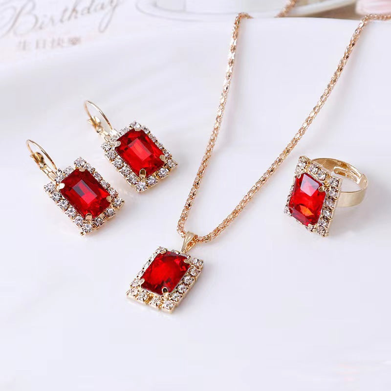 XP17 European and American Ins Water Drop Jewelry Set, Personalized Fashion Color Rhinestone Necklace, Earrings, Ring Set New