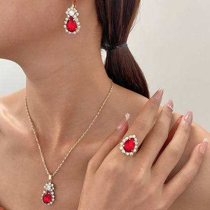 XP17 European and American Ins Water Drop Jewelry Set, Personalized Fashion Color Rhinestone Necklace, Earrings, Ring Set New