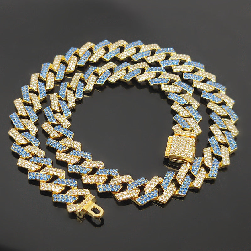 Explosive 15mm Small Flip Hiphop Pink Blue Hip Hop Cuban Chain Quadrilateral Strip Prismatic Men's Necklace