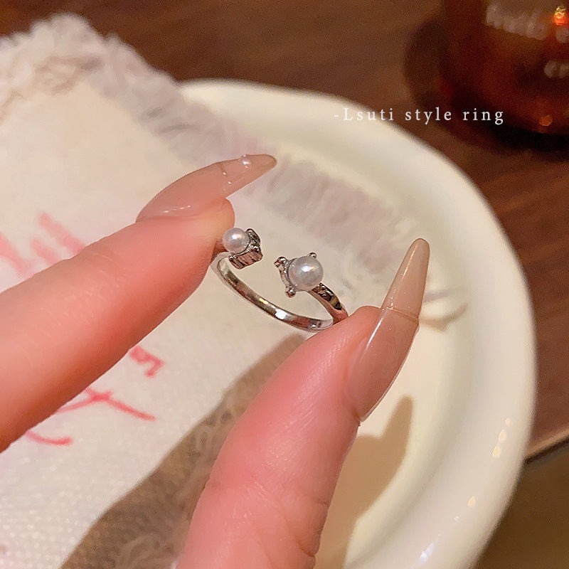 Korean Light Luxury High-end Zircon Pearl Ring Women's Retro Niche Design Bow Ring Ring Open Jewelry