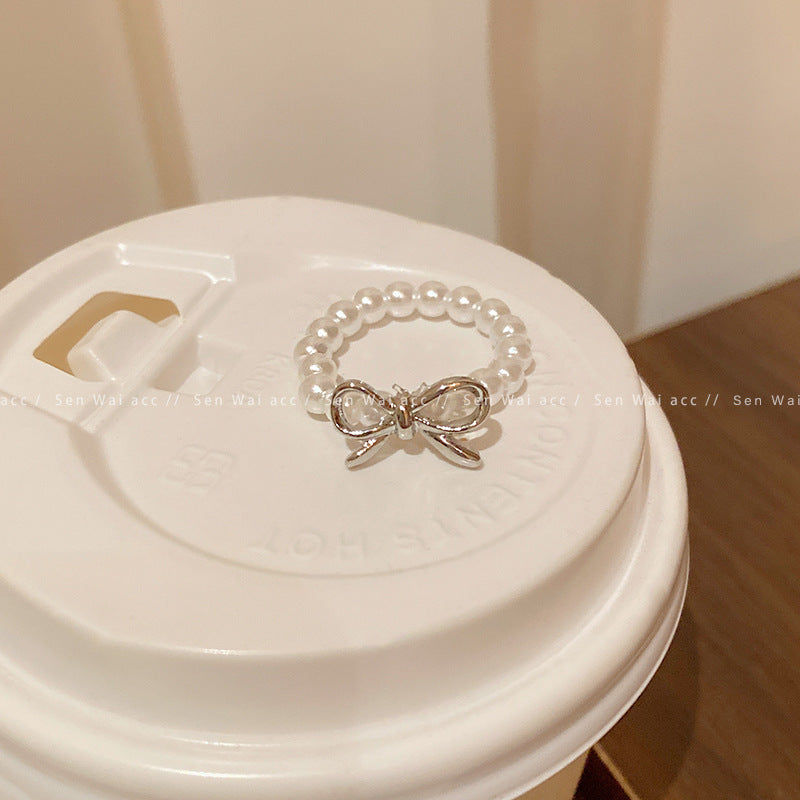 Korean Light Luxury High-end Zircon Pearl Ring Women's Retro Niche Design Bow Ring Ring Open Jewelry