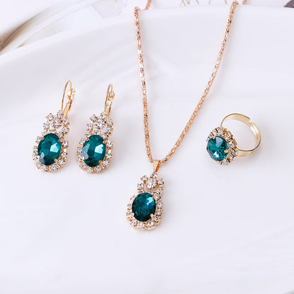 XP17 European and American Ins Water Drop Jewelry Set, Personalized Fashion Color Rhinestone Necklace, Earrings, Ring Set New