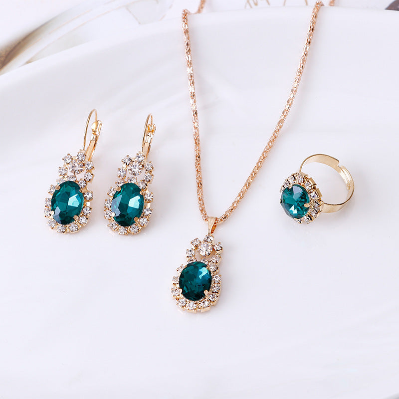 XP17 European and American Ins Water Drop Jewelry Set, Personalized Fashion Color Rhinestone Necklace, Earrings, Ring Set New