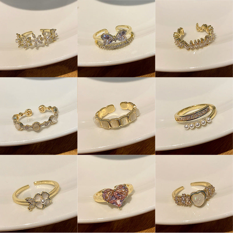 Korean Light Luxury High-end Zircon Pearl Ring Women's Retro Niche Design Bow Ring Ring Open Jewelry