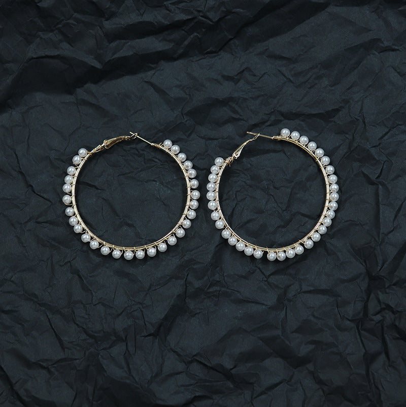 XP17 European and American  Explosion Fashion Geometric Large Circle Earrings Women's Pearl Winding Ear Buckle Exaggerated Temperament Ear