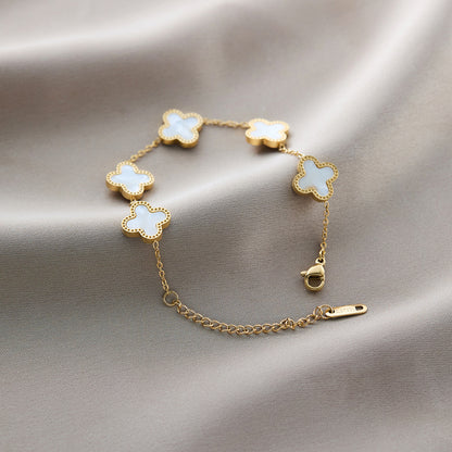 Warm Jian Does Not Fade Cross-border Hot-selling Titanium Steel Bracelet Women's Five-leaf Clover with Diamonds Ins Wind Personality 18K Vacuum Plating