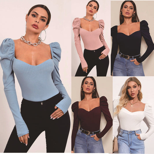 Foreign Trade Cross-border Amazon Bubble Long-sleeved Women's Clothing Pullover One-word Collar Solid Color Slim-fit T-shirt