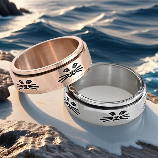Hip-hop Fashion Cat Rotatable Titanium Steel Ring Temperament Popular Couple Ring Cross-border Amazon Decompression Jewelry