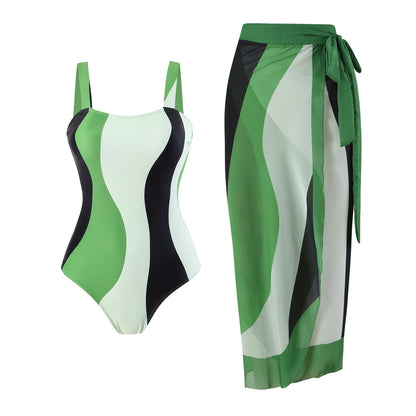 2025 European and American Foreign Trade One-piece Bikini Three-piece Suit Conservative Beach Skirt Chiffon Wrap Skirt Hot Spring Swimsuit Women