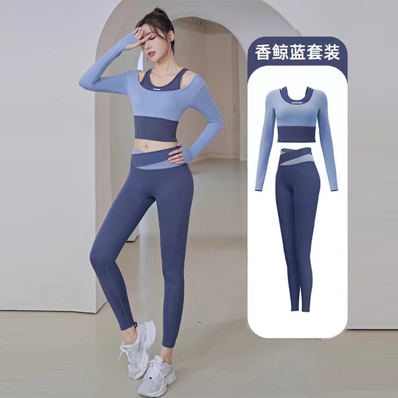 New Women's Running Fitness Tight Fake Two-piece Sports Top Set Long-sleeved Yoga Clothes