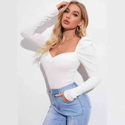 Foreign Trade Cross-border Amazon Bubble Long-sleeved Women's Clothing Pullover One-word Collar Solid Color Slim-fit T-shirt