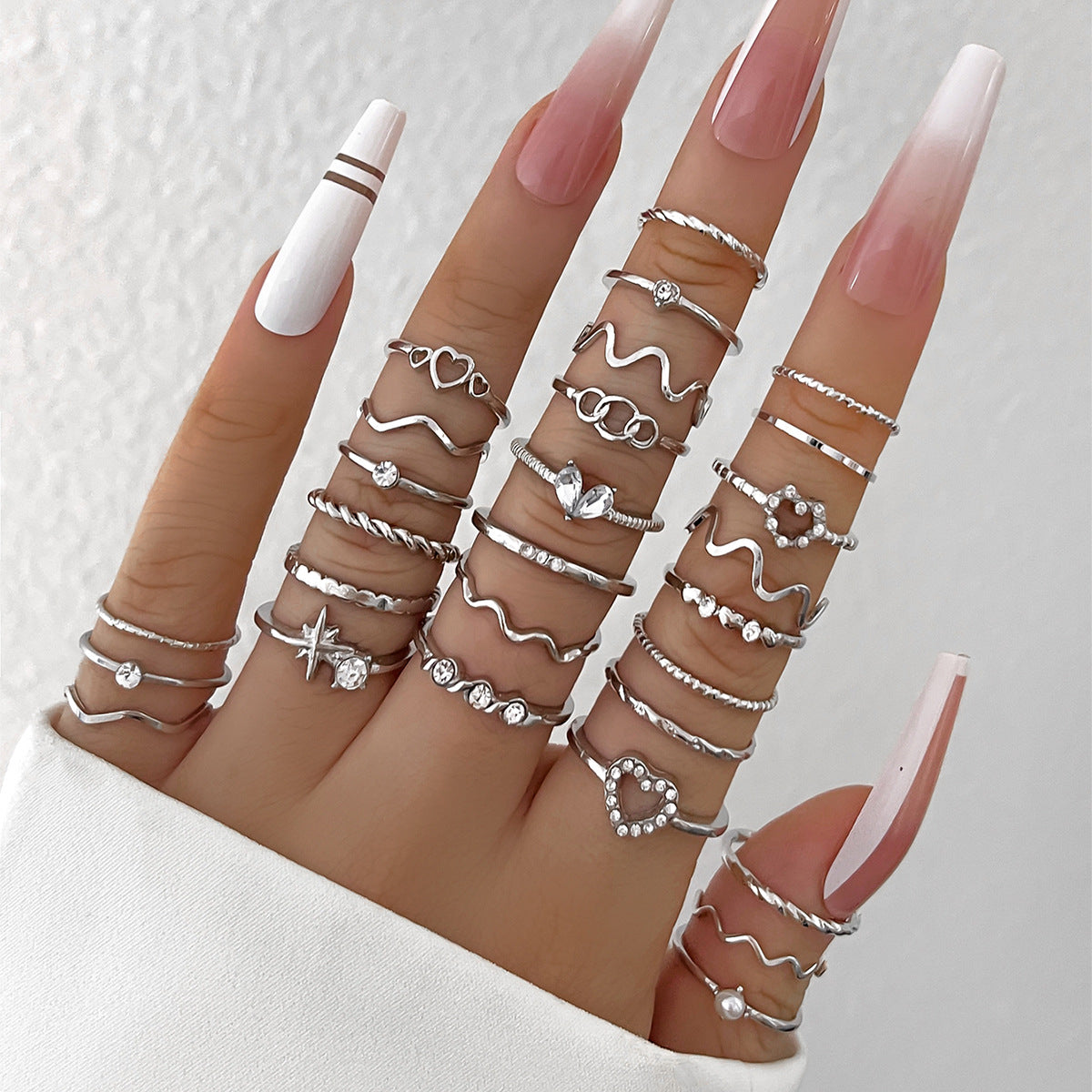 Hot-selling Cross-border Simple Diamond-set Love Wave Ring 28-piece Set Gold Geometric Joint Ring