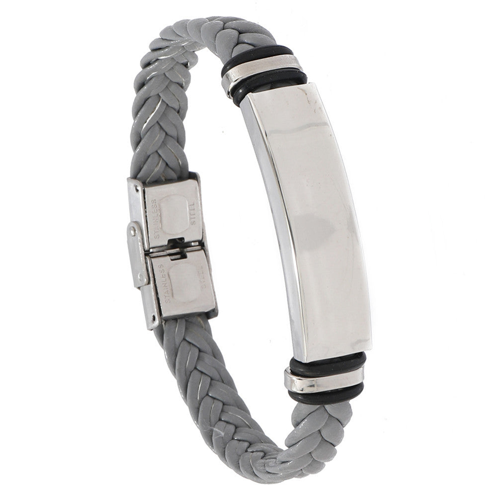 European and American Stainless Steel Simple Bracelet, Light Plate Lettering Leather Woven Bracelet, Men's Bracelet Factory Direct Sales
