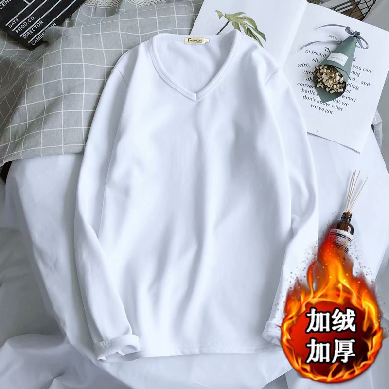 Men's Fleece Thickened Long-sleeved T-shirt Crew Neck Autumn Slim-fit Bottoming Shirt Winter Solid Color Warm T-shirt on Clothes