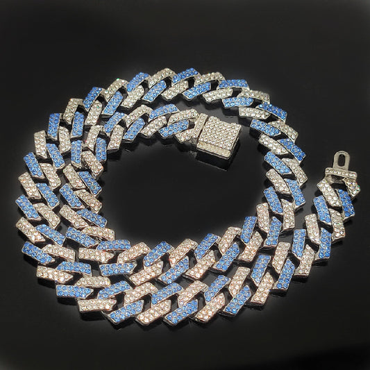 Explosive 15mm Small Flip Hiphop Pink Blue Hip Hop Cuban Chain Quadrilateral Strip Prismatic Men's Necklace