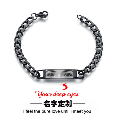 Popular Stainless Steel Men's NK Bracelet, Simple Glossy Curved Brand Lettering Engraved Eye Photo Bracelet Jewelry